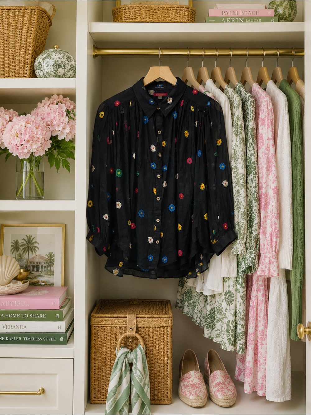 MOTHER Black Button-Front Blouse with Multicolor Floral Embroidery